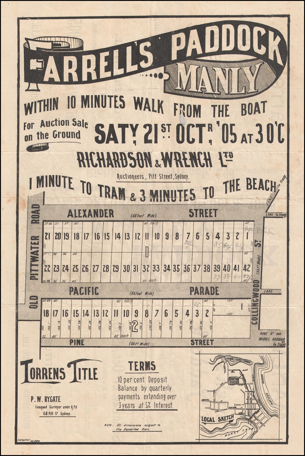 Farrell's Paddock Estate, Manly, 21 October 1905: Subdivision Plan