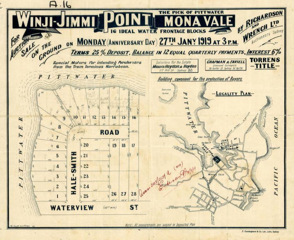 Winji-Jimmi Point, Mona Vale, 1919: Subdivision plan