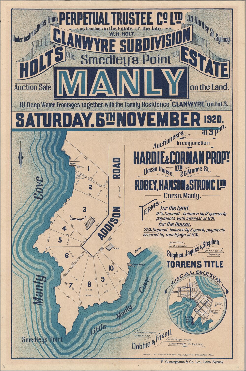 Holt's Estate, Clanwyre Subdivision Plan, Manly, 1920