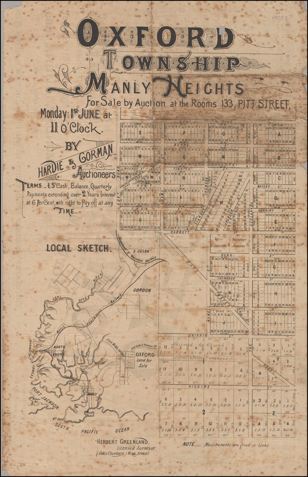 Oxford Township, Manly Heights, 1885: Subdivision Plan