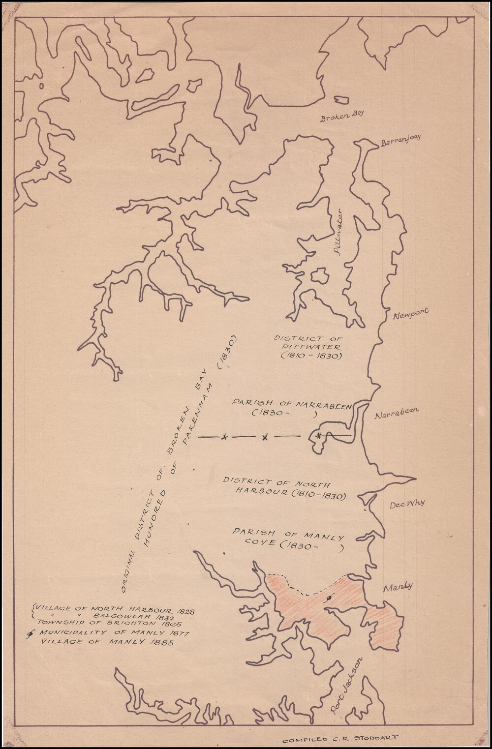 Early drawn map of Northern Peninsula compiled by C R Stoddart, showing area of Manly 1885