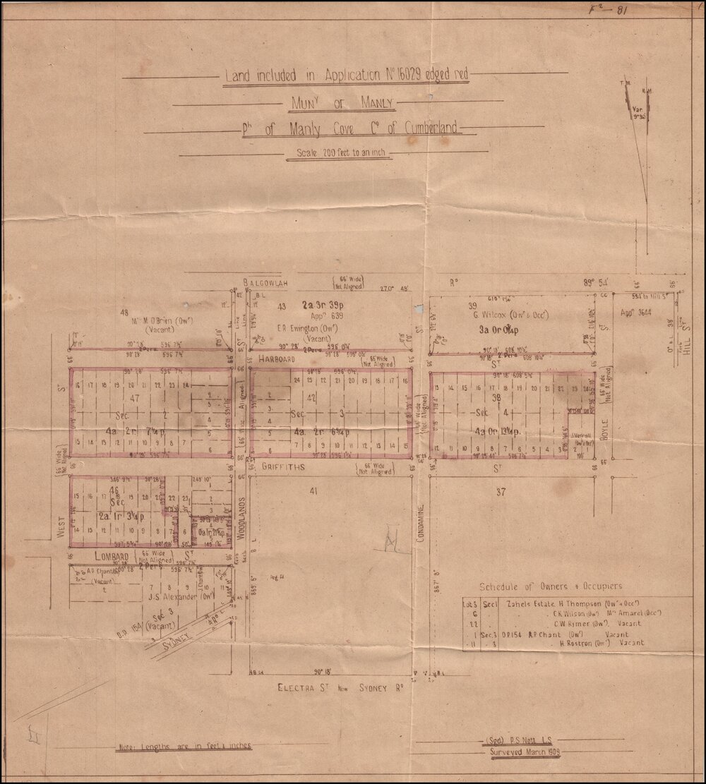 Application for the Raymond Estate, Manly, Subdivision Plan, 1909