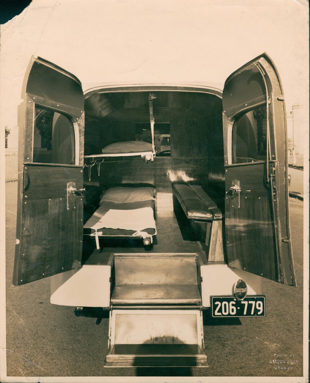 Interior of the first steel ambulance located at Raglan Street Ambulance Station, Manly, c1930s
