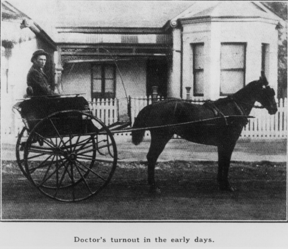A doctor in a horse drawn vehicle outside a house, Manly, c1910s