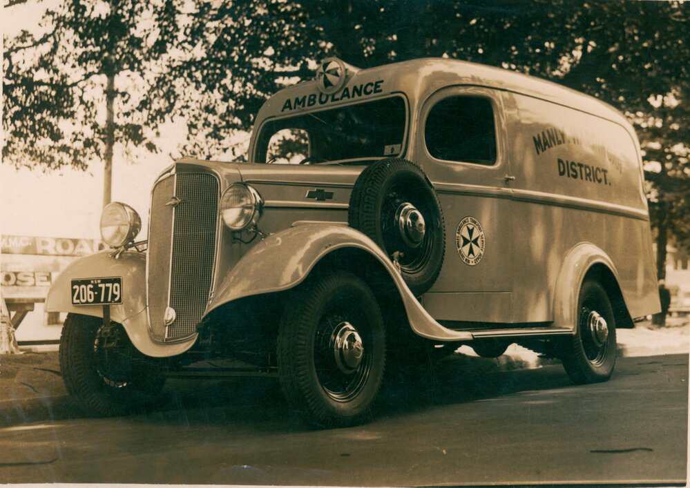 First steel ambulance, located at Raglan Street Ambulance Station, Manly, 1930s