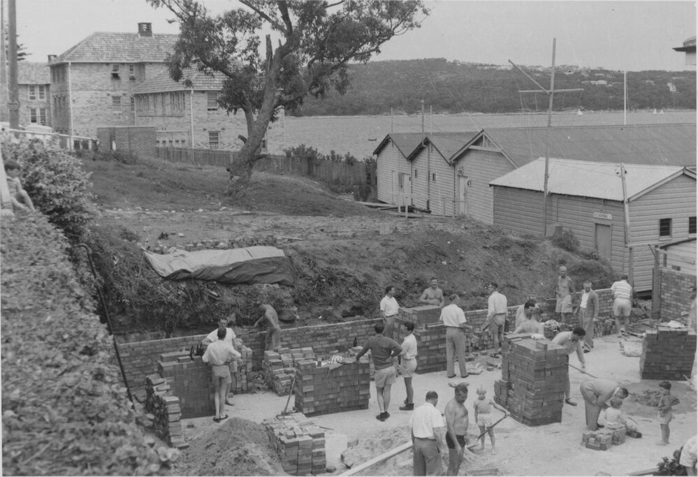 Construction of brick building behind Manly Cove Sailing Clubs