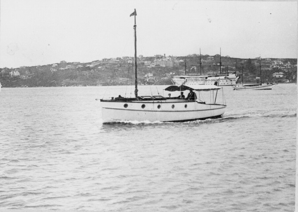Isabel Letham being towed on an aqua plane on Rose Bay, c1915 to 1920