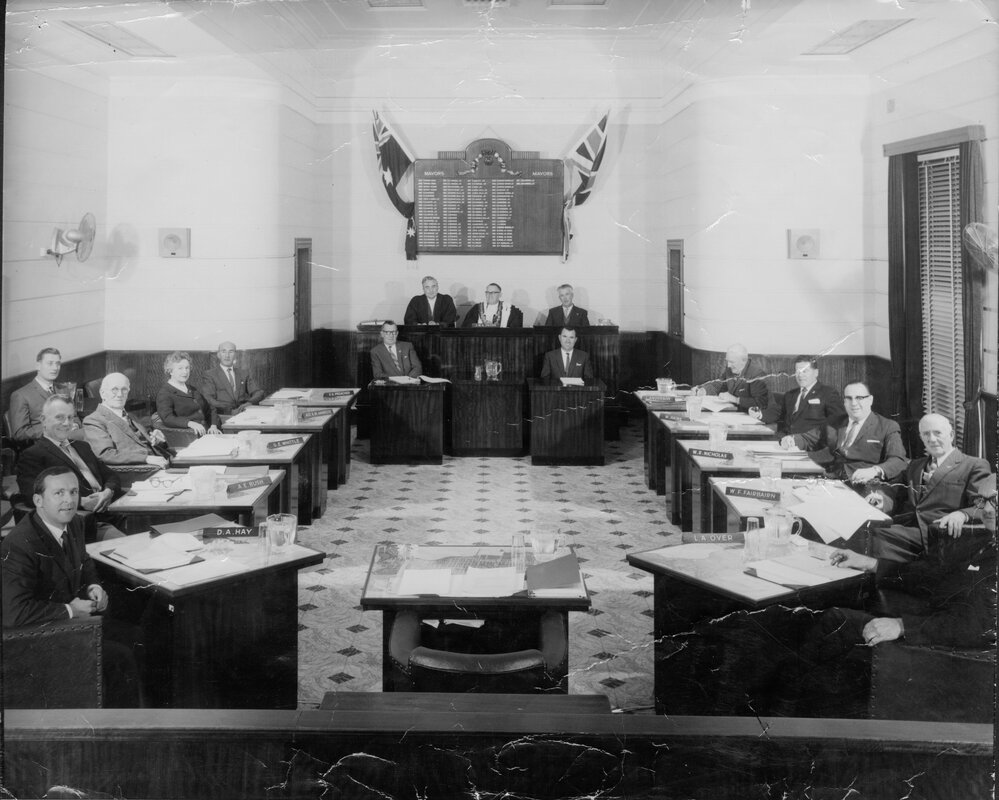 Group portrait of Manly Council Aldermen in Council Chambers, c1962