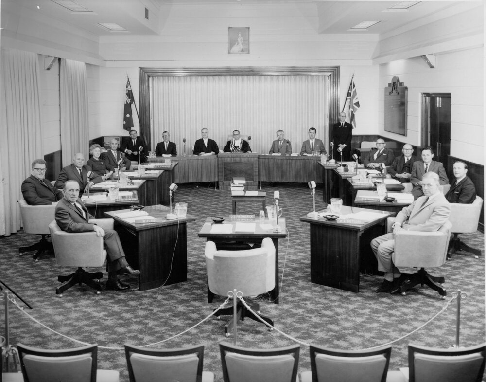Group portrait of Manly Council Aldermen and senior staff of Manly Municipal Council, c1965