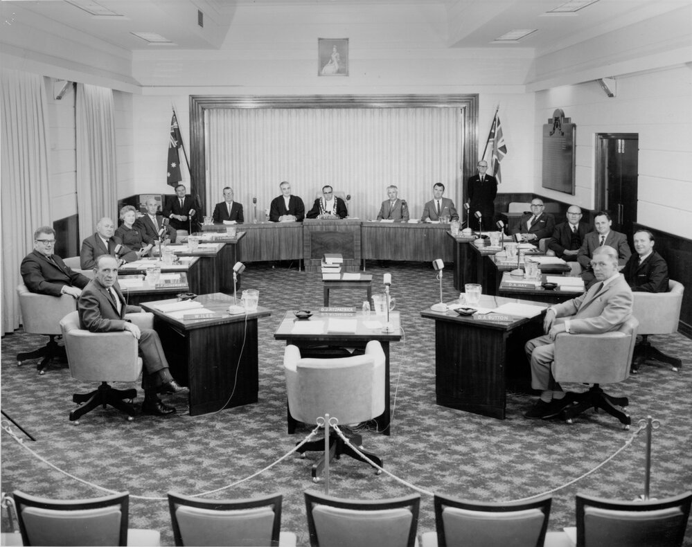Group portrait of Manly Council Aldermen and senior staff in Council Chambers, c1965