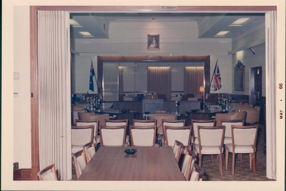 View of the interior of the Manly Council Chambers, Belgrave Street, Manly, May 1966