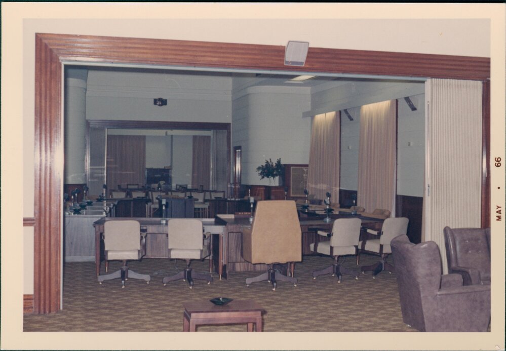 View through door arch of the interior of the Manly Council Chambers, Belgrave Street, Manly, May 1966
