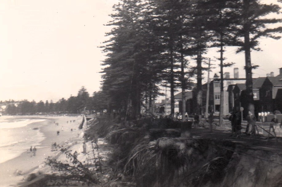 North Steyne sea wall damaged by a storm, Manly, 1950