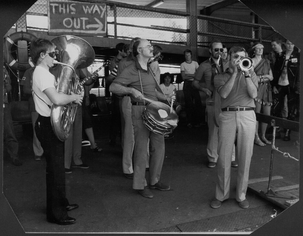 Jazz musician James Morrison on the tuba, left, during the Manly Jazz Festival, Manly Wharf, Manly, 1982
