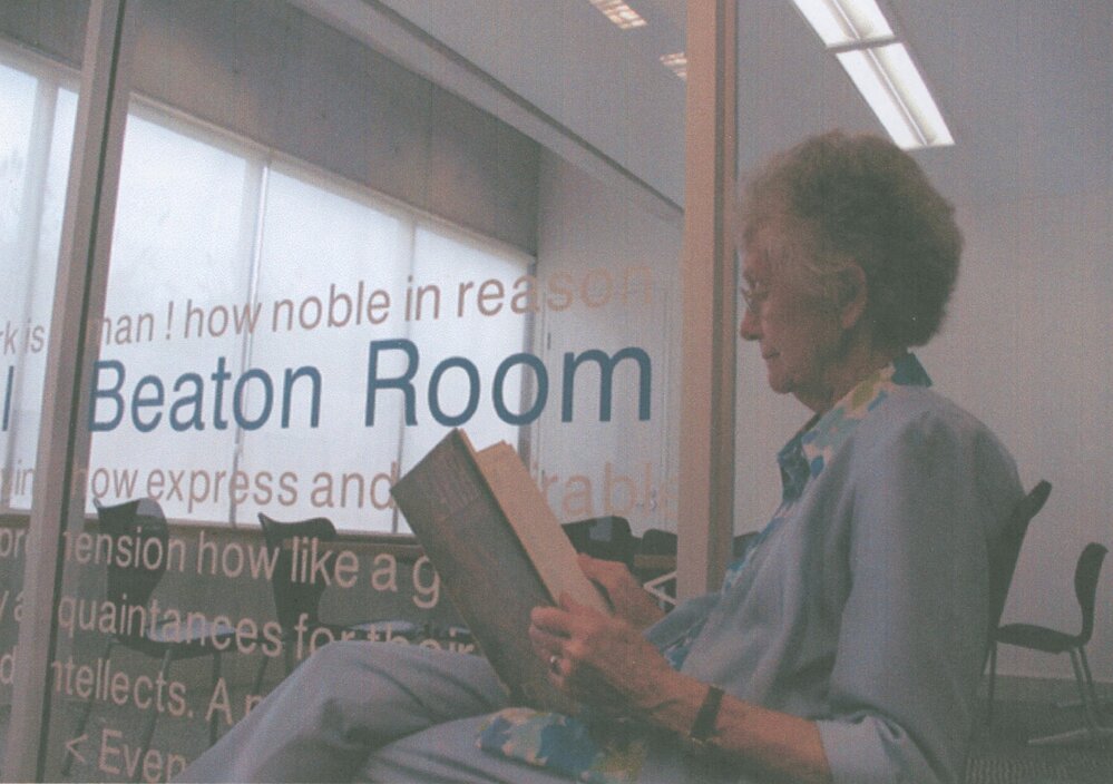 Olive Beaton sitting outside the 'Beaton Room' at Mona Vale Library
