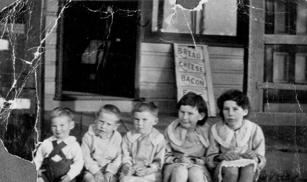 Five of the Randell children outside Randell's store Freshwater