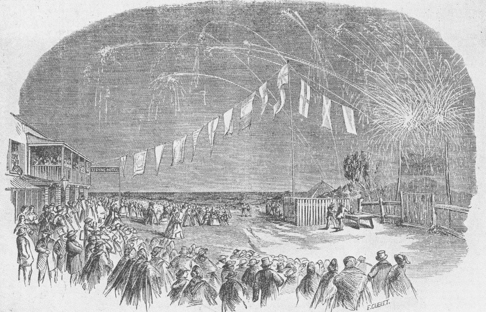 Fireworks in the night sky at the Steyne Hotel, Manly Beach, Manly, June 1864