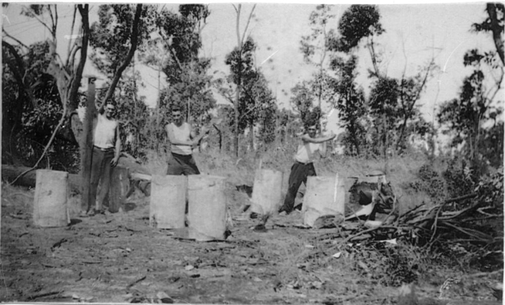 Joe, Herb and Dick Waldon chopping wood, Terrey Hills
