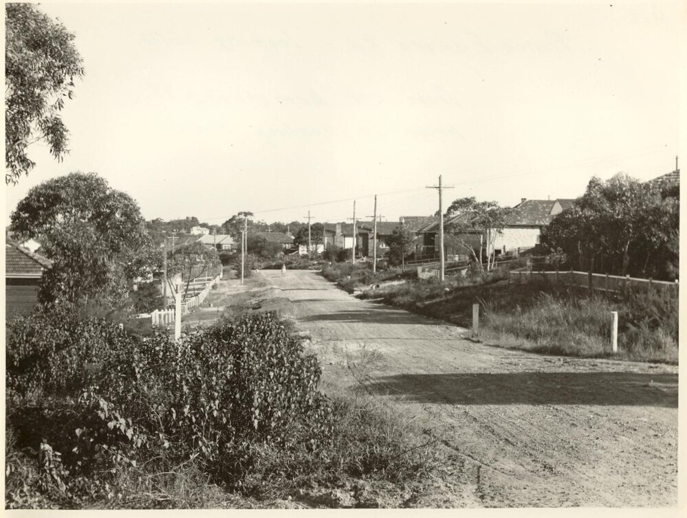 Armstrong Street prior to sealing, Seaforth, 1956