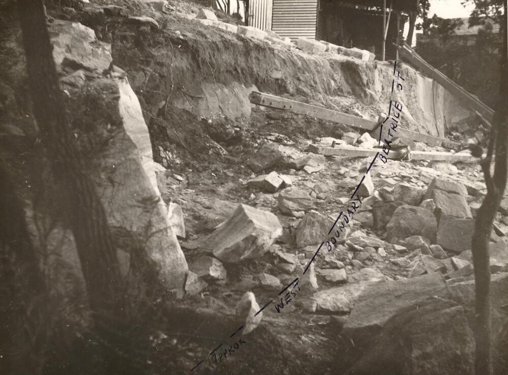 Beatrice Street, rock excavating, west boundary marked, Balgowlah Heights, 27th October 1950