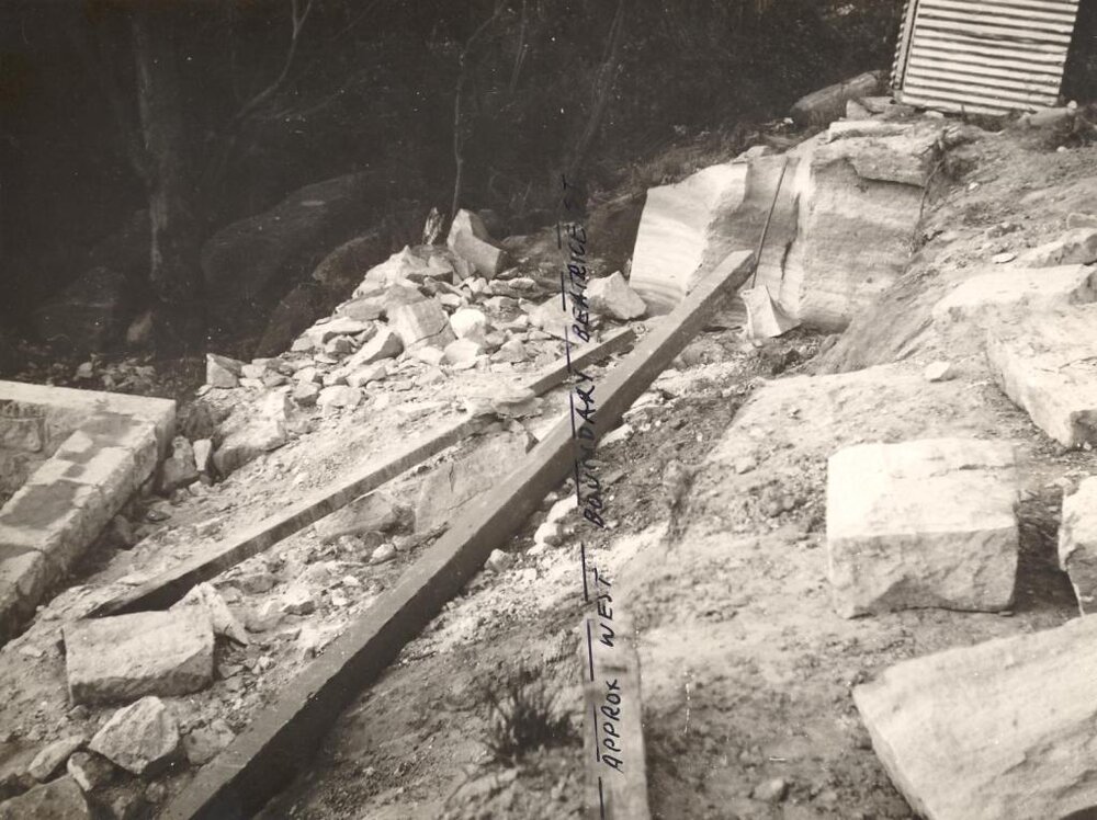 Beatrice Street, rock excavations continue, west boundary marked, Balgowlah Heights, 27th October 1950