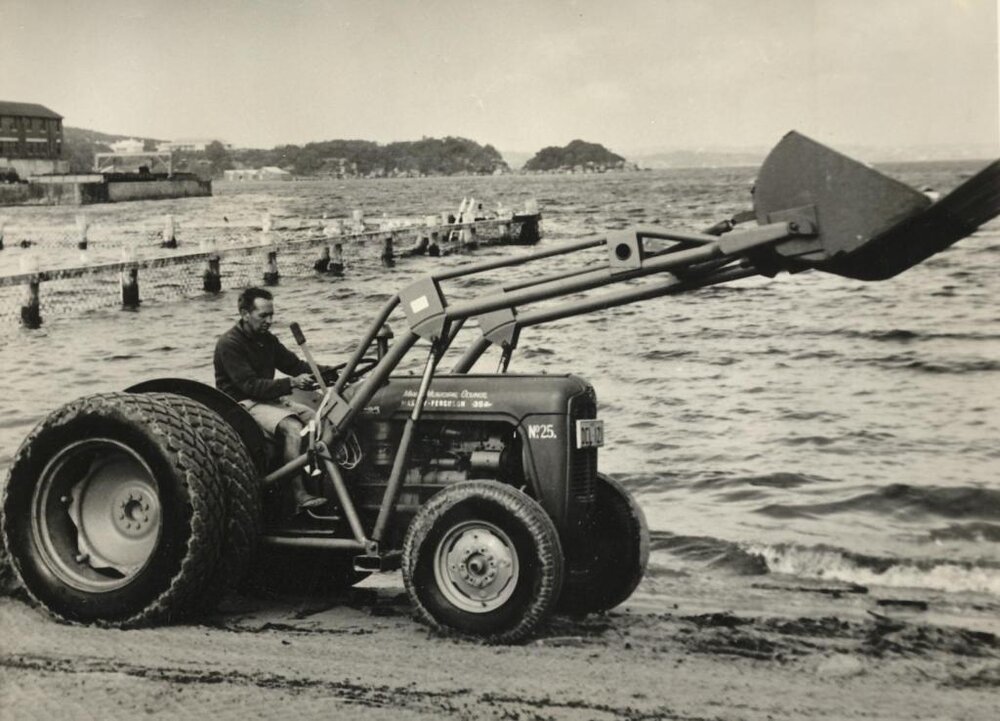 Beach rake, Little Manly beach, Manly, c1950s