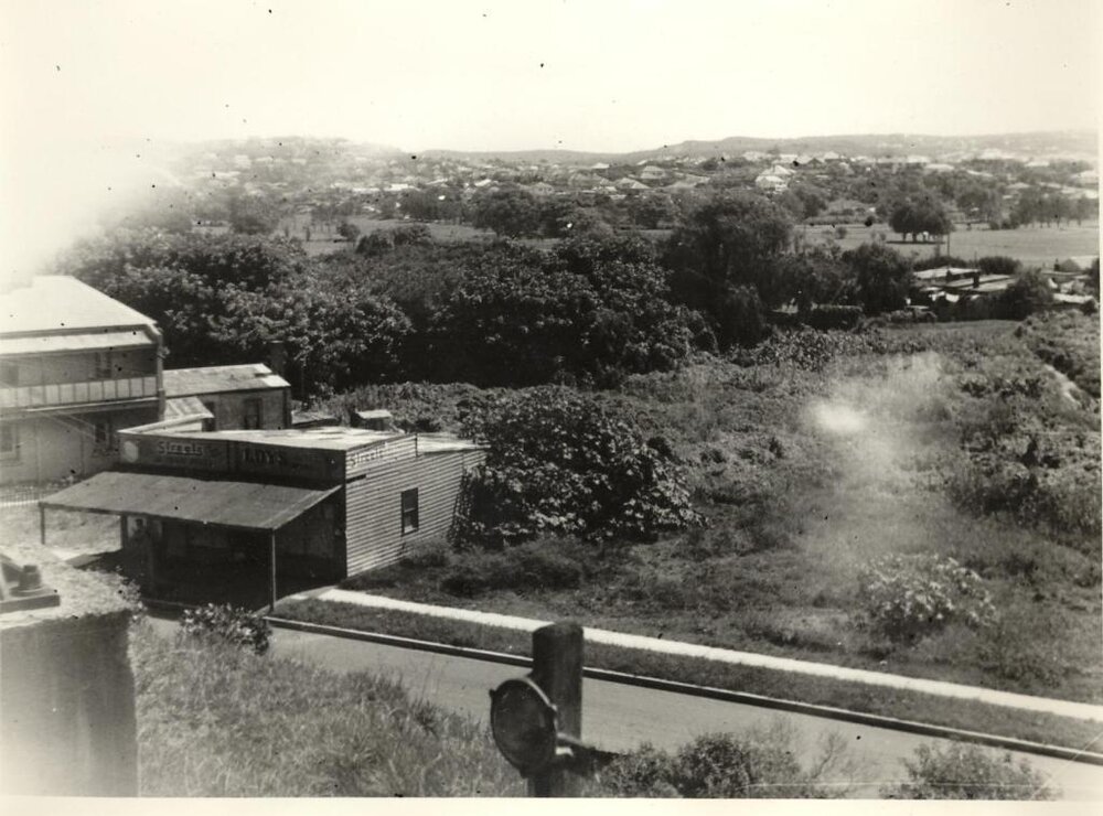 Before construction of LM Graham Reserve, with shop and Streets sign, Balgowlah, c1950s