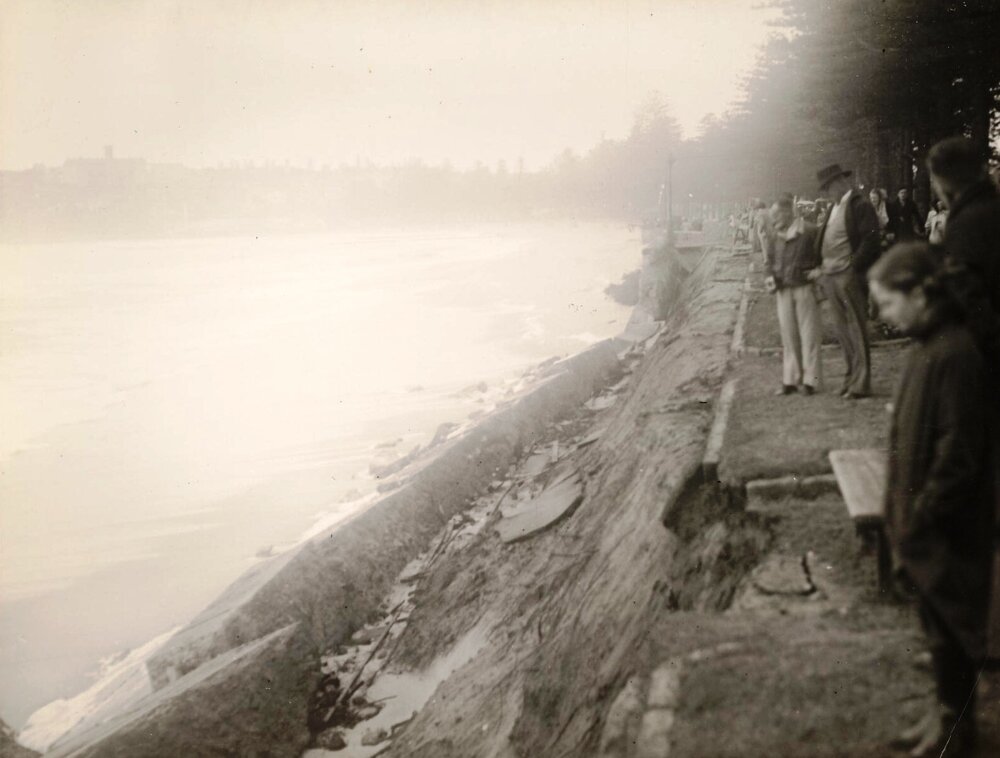 Collapsed wall south of surf pavilion, North Steyne, Manly, 25th June 1950