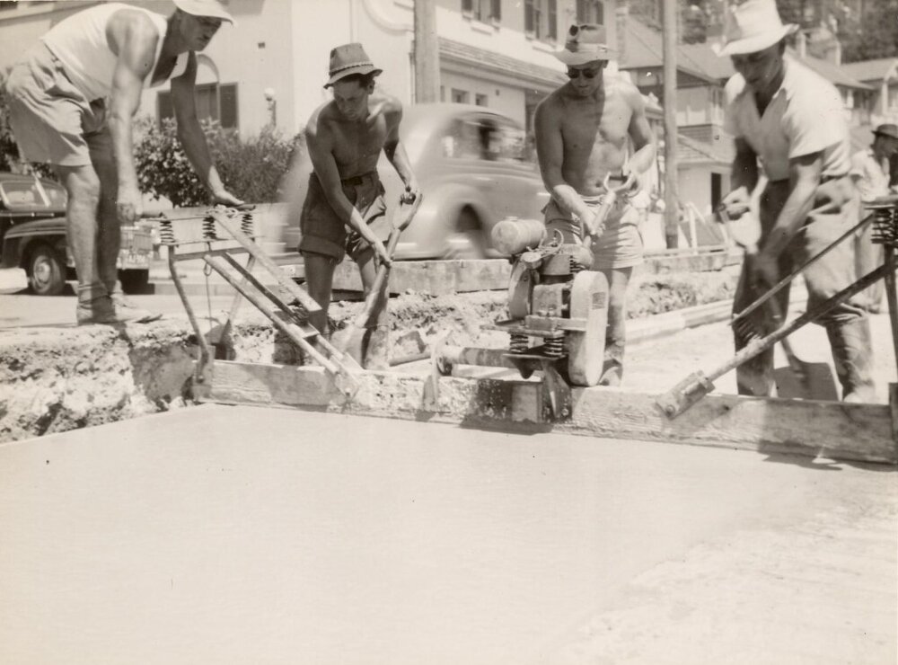 Concreting and levelling with workcrews, Sydney Road, Manly, February 1950
