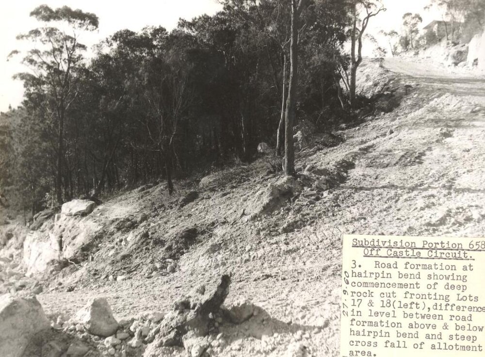 Subdivision Portion 658 off Castle Circuit, road formation at bend, Seaforth, 27th September 1960