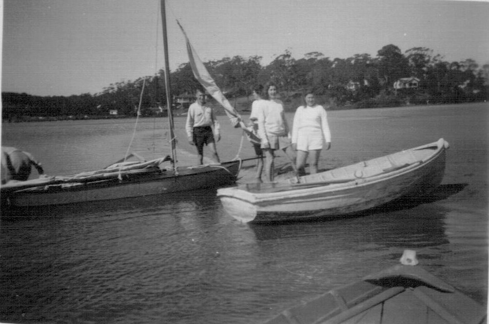 Douglas family members on a boat at Winji Jimmi, Mona Vale