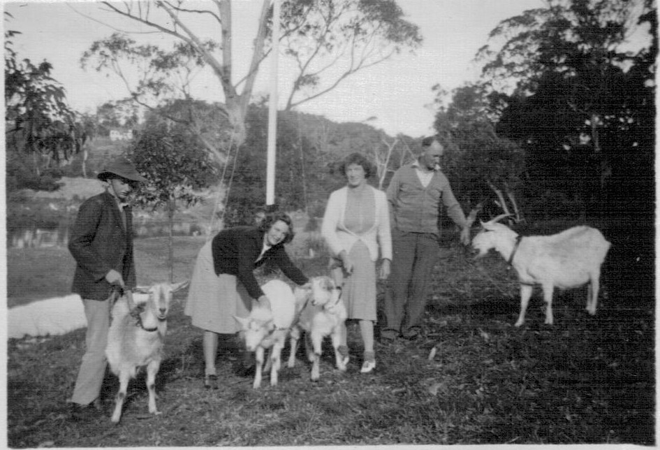 Douglas family with goats in the yard of their home in Mona Vale