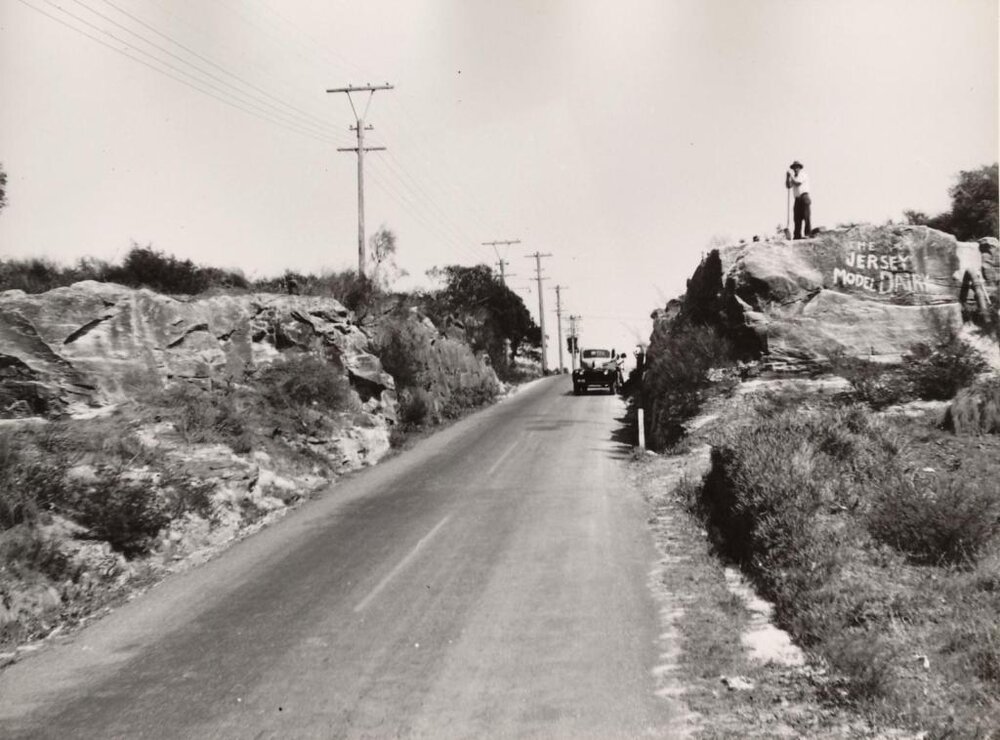 Frenchs Forest Road, Jersey Dairy advertisement, Seaforth, 7th October 1949