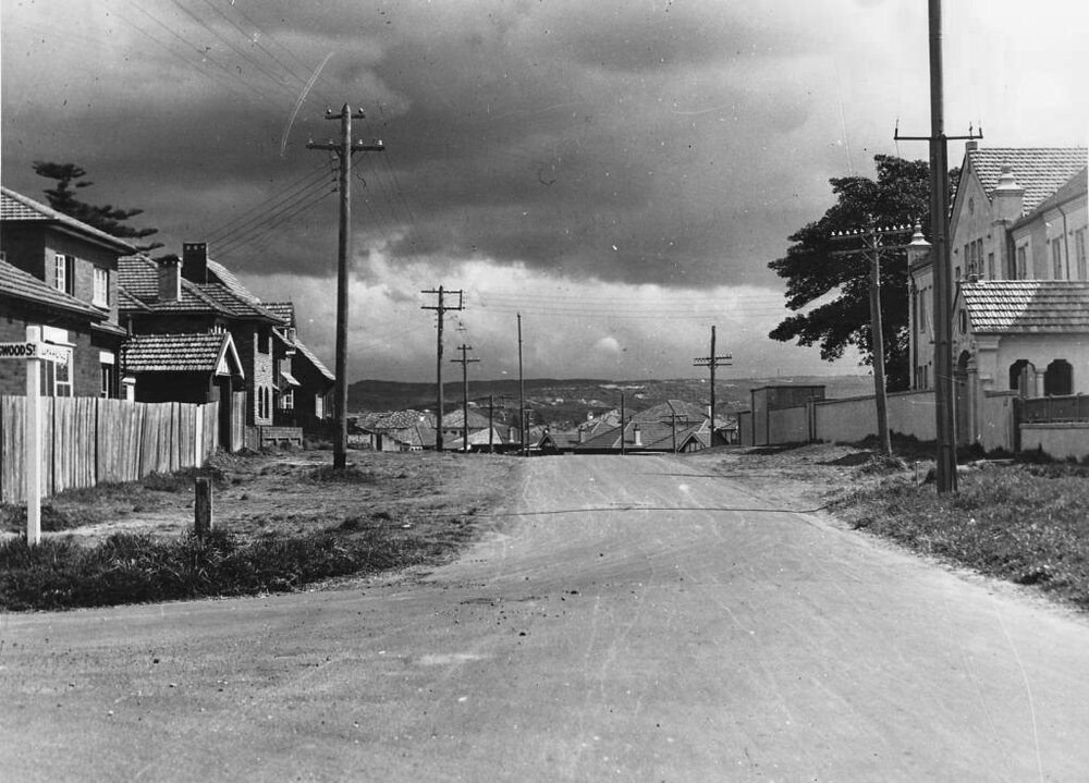 Iluka Avenue from Collingwood Street, showing Stella Maris College, Manly, 14th September 1937
