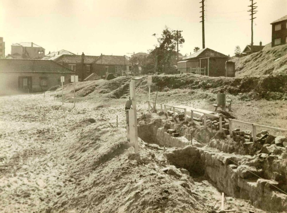 Little Manly Beach, ballast wall, Manly, July 1955