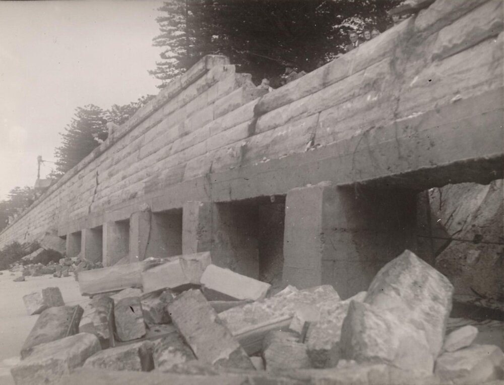 North Steyne sagging sea-wall, Manly, 25th June 1950
