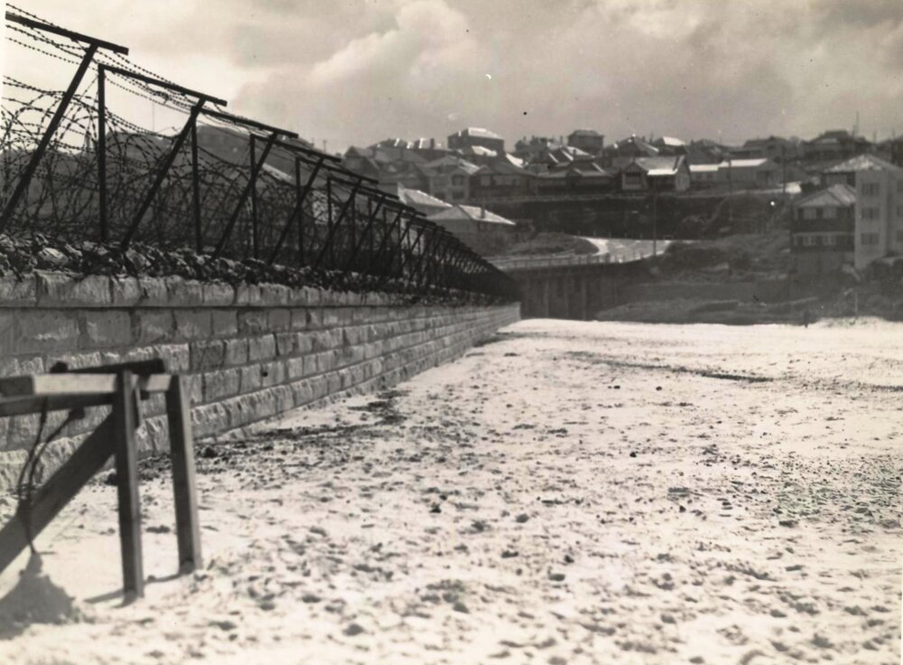 North Steyne Seawall and barbed wire, Manly, 25th May 1943