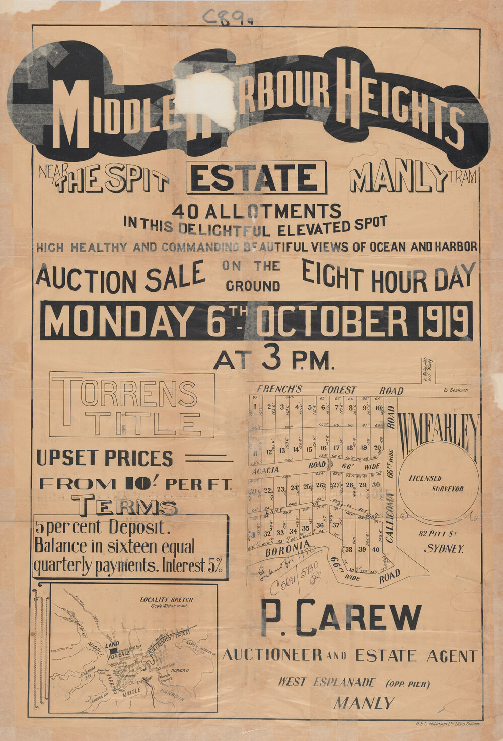Middle Harbour Heights Estate, Seaforth, 1919: Subdivision Plan