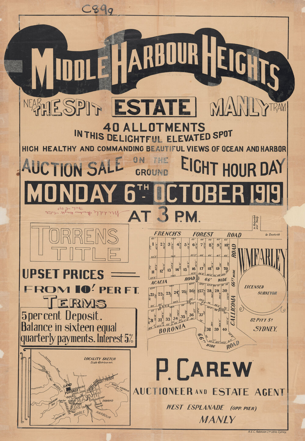 Middle Harbour Heights Estate, Seaforth, 1919: Subdivision plan