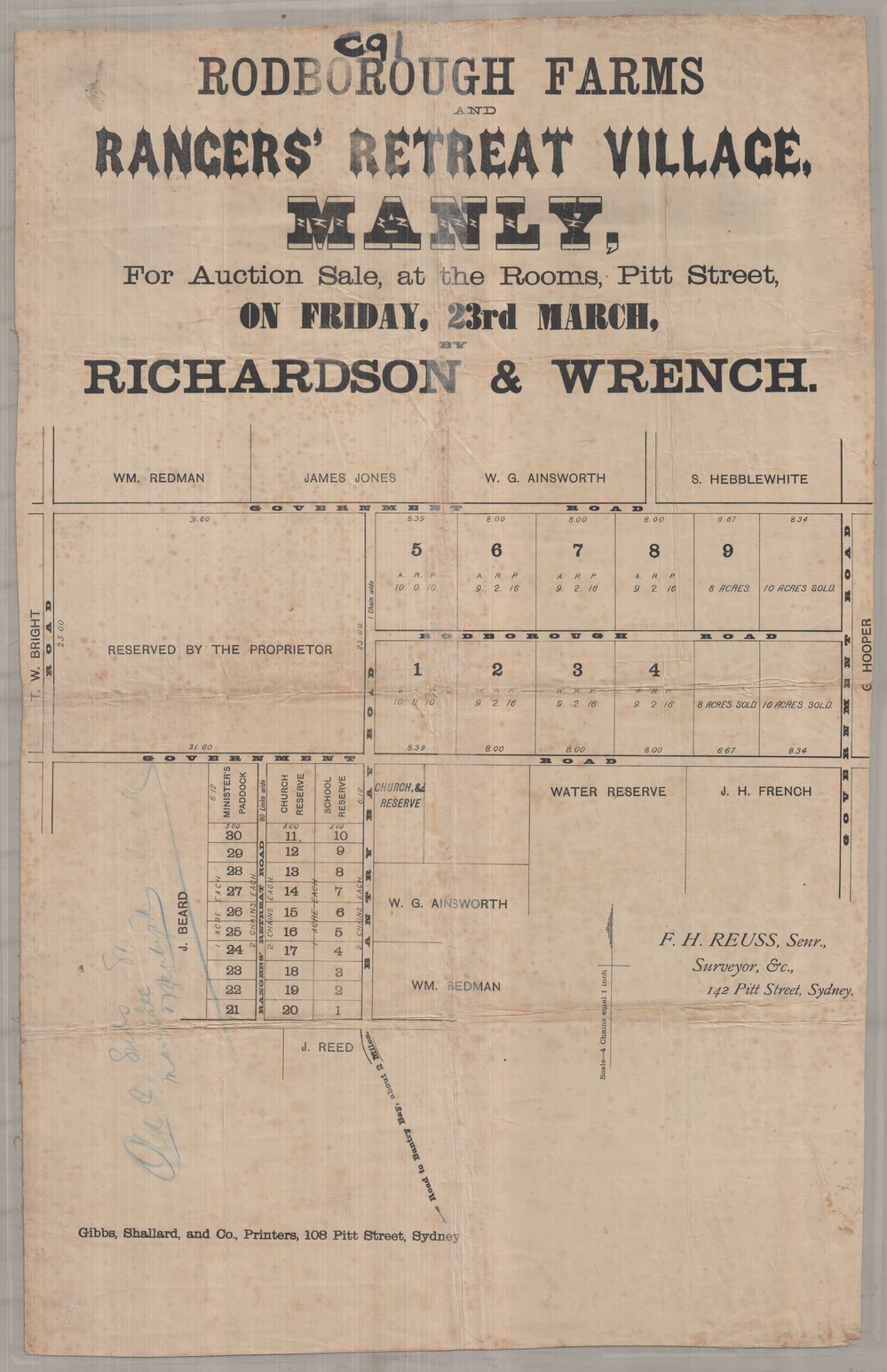 Rodborough Fams and Rangers' Retreat Village, Frenchs Forest 1880s: Subdivision Plan
