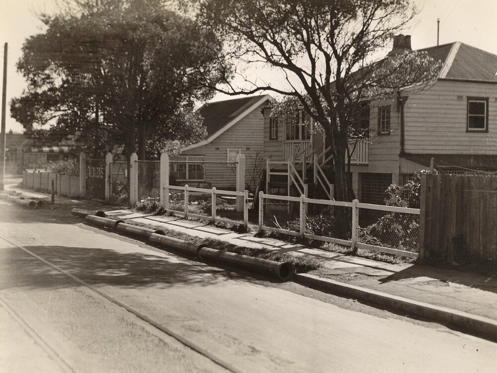 Pittwater Road with pipes, showing tramways, Manly, 14th August 1941
