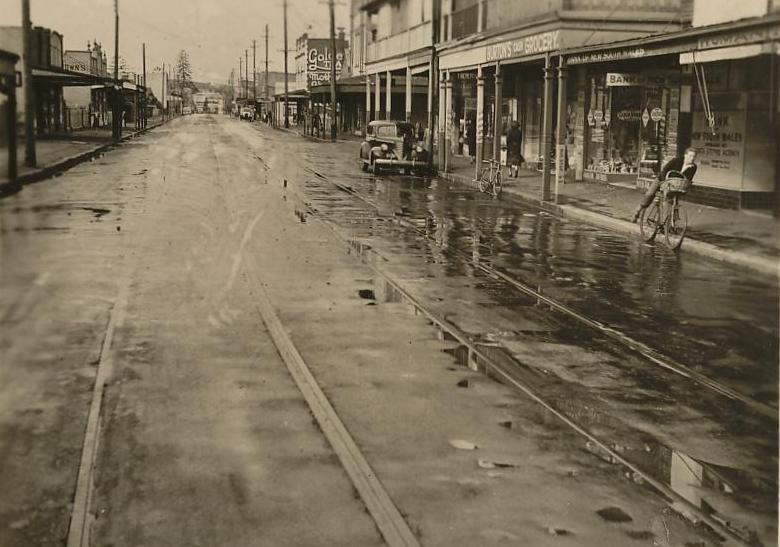 Pittwater Road shops and tramways, Manly, 26th April 1940