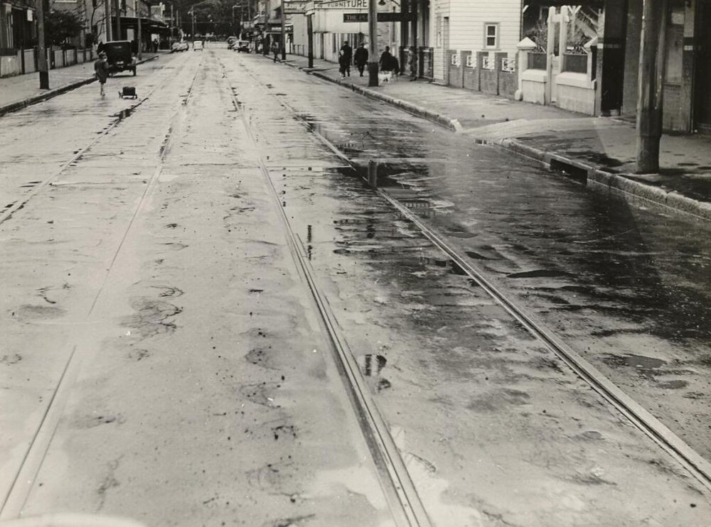 Pittwater Road, with furniture shop and tramways, Manly, 27th Apr 1940