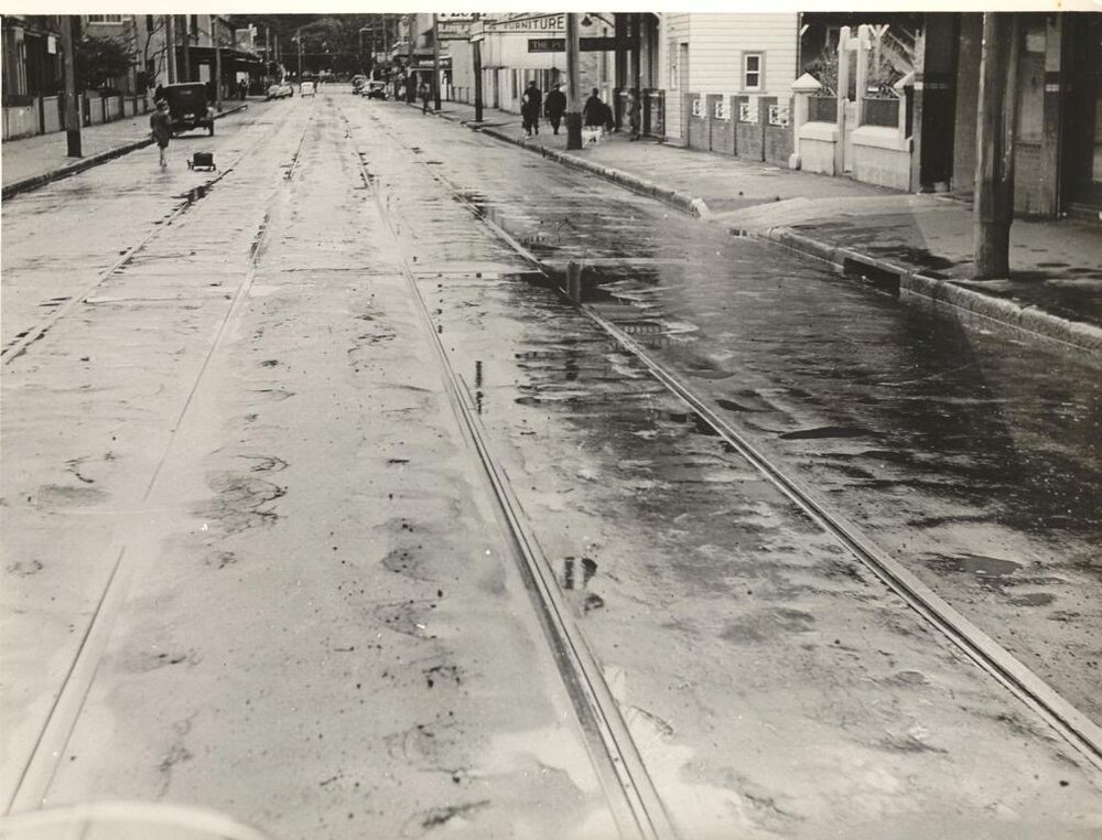 Pittwater Road, with furniture shop and tramways, Manly, 27th April 1940