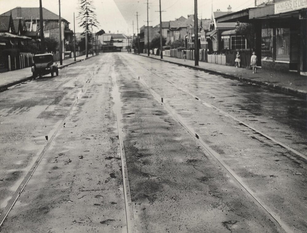 Pittwater Road streetview and ice cream sign, Manly, 27th April 1940