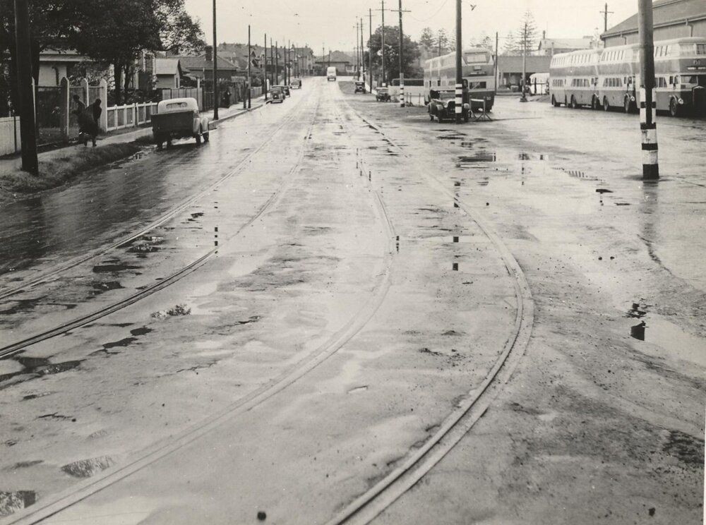 Pittwater Road near Manly Bus Depot, Manly, 29th April 1940