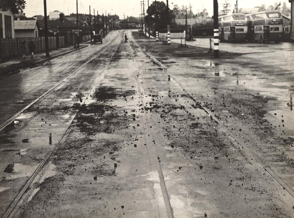 Pittwater Road at Manly Bus Depot, Manly, 7th May 1940