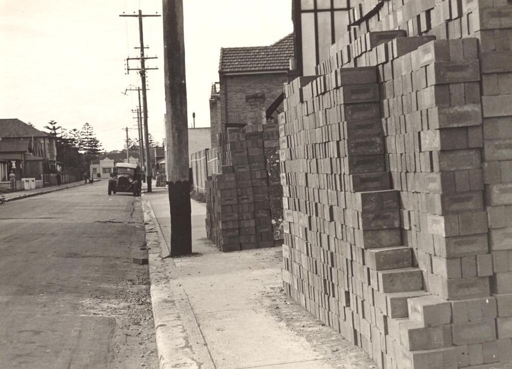 Whistler Street near Carlton Street, brick pile obstruction, Manly, c1940s