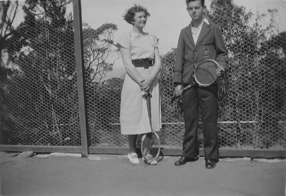 Pat Horton and unknown woman on tennis court, Mandalay Roadhouse, Florida Rd Palm Beach