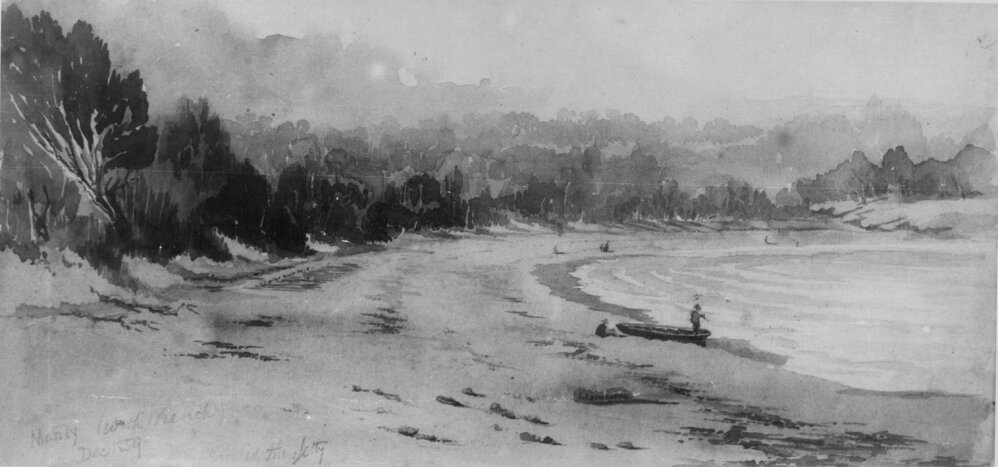 Photograph of a watercolour painting showing a small fishing boat and fishermen on the shore, Manly, 1859